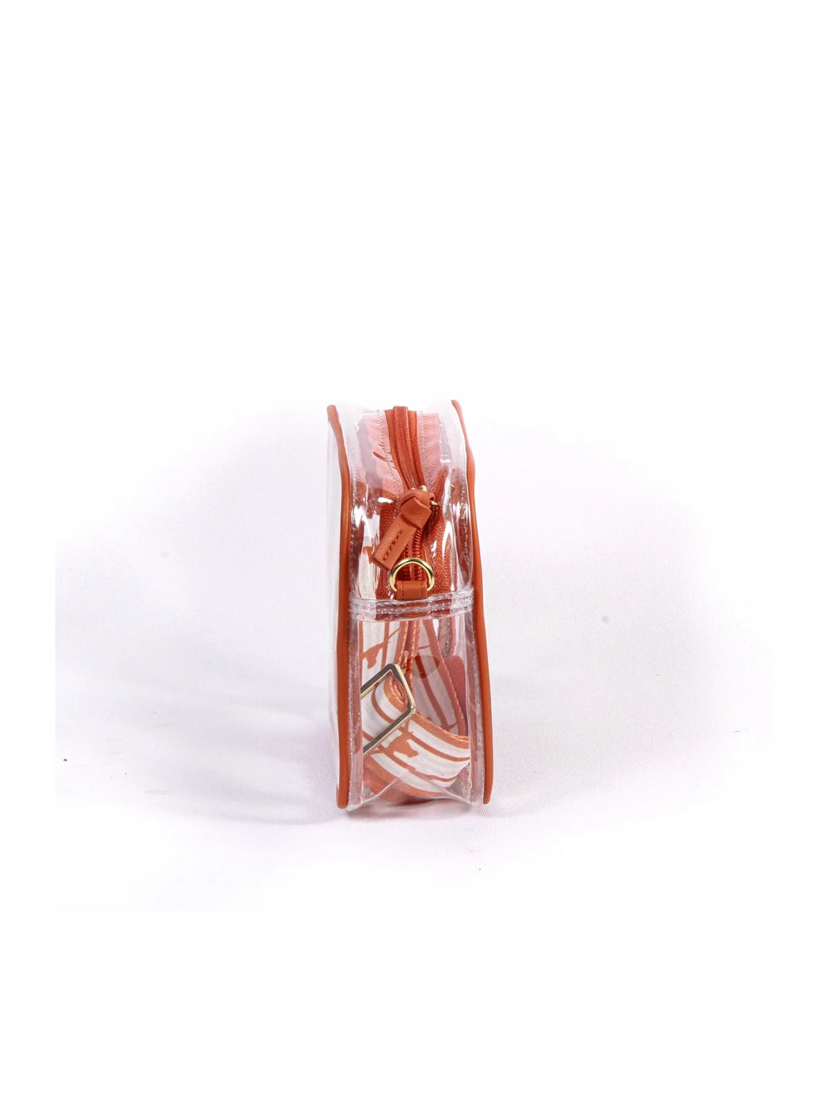 bridget clear stadium approved bag with burnt orange vegan leather trim and adjustable, removable crossbody straps