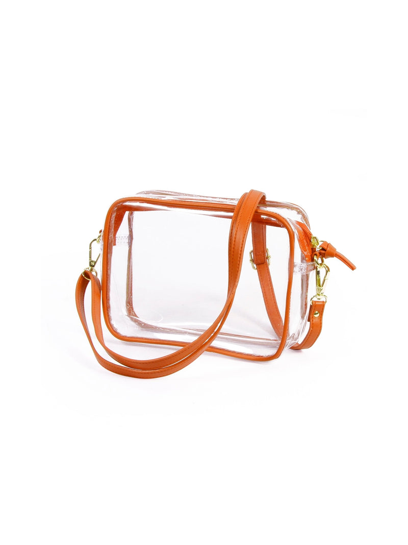 bridget clear stadium approved bag with burnt orange vegan leather trim and adjustable, removable crossbody straps