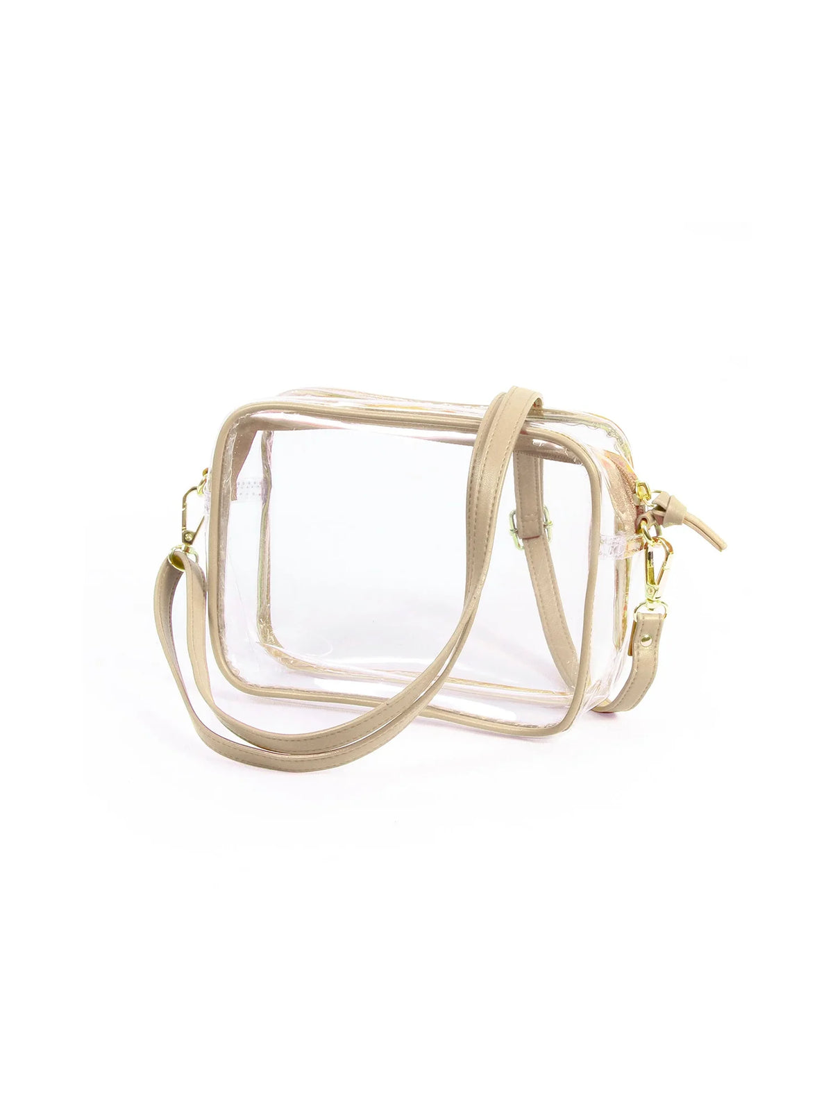 bridget clear stadium approved bag with gold vegan leather trim and adjustable, removable crossbody straps