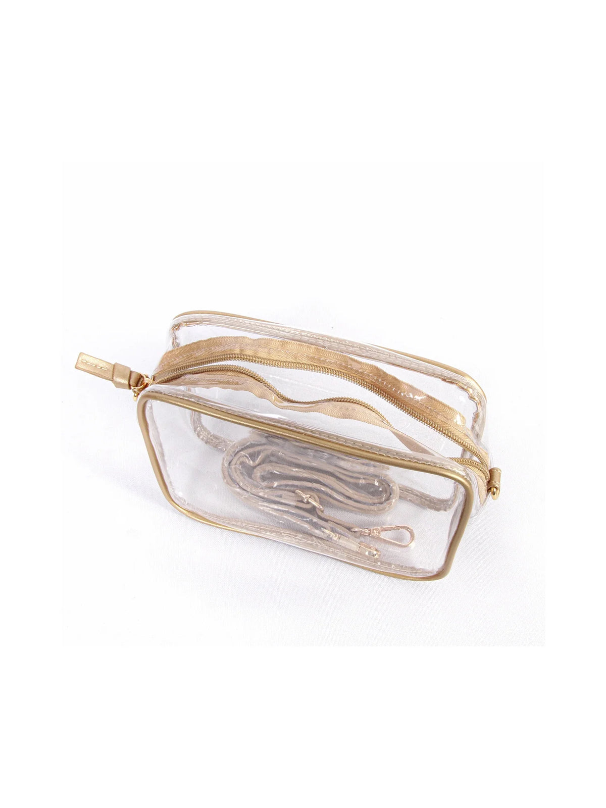 bridget clear stadium approved bag with gold vegan leather trim and adjustable, removable crossbody straps
