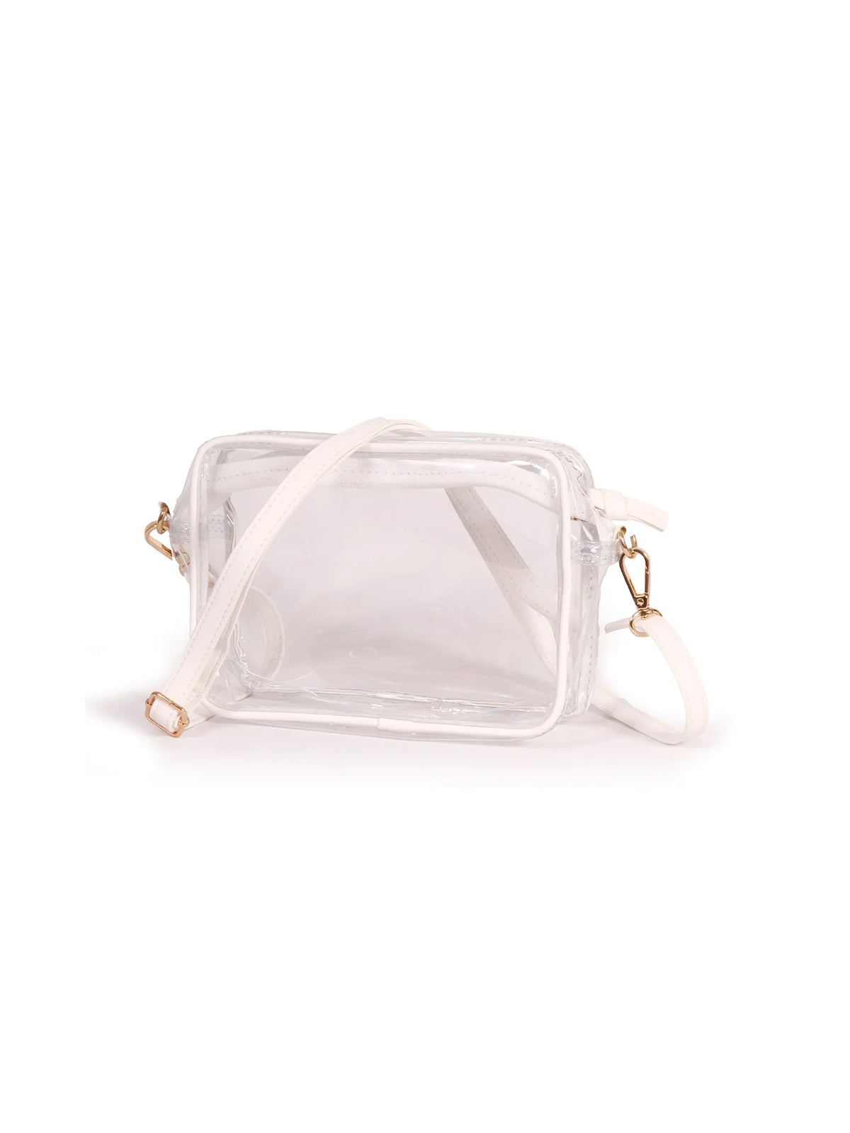 bridget clear stadium approved bag with white vegan leather trim and adjustable, removable crossbody straps