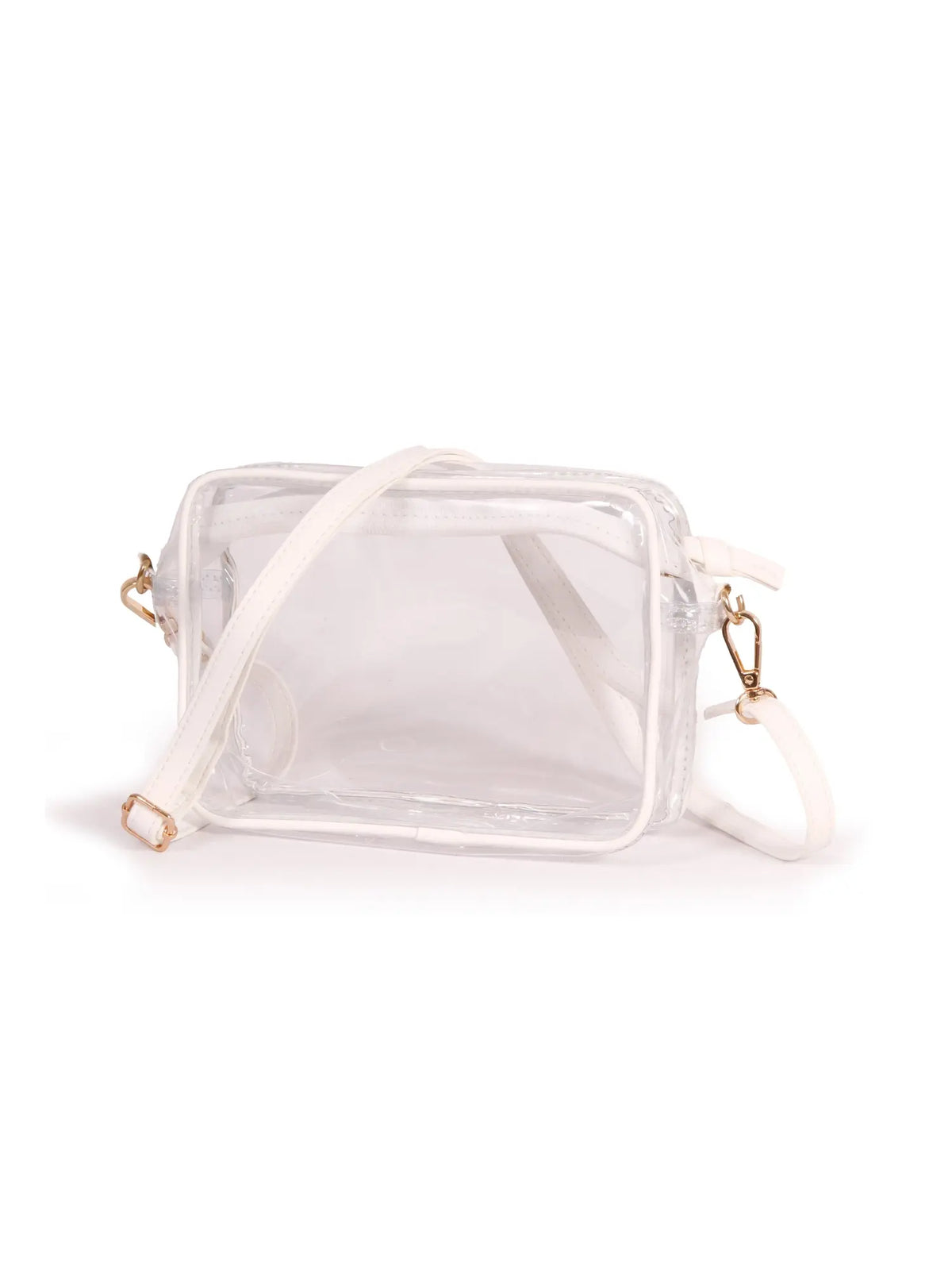 bridget clear stadium approved bag with white vegan leather trim and adjustable, removable crossbody straps