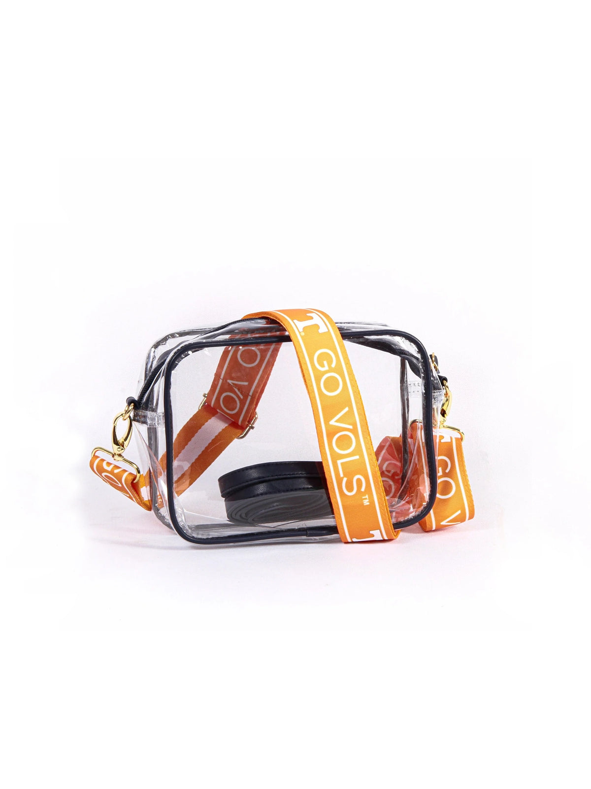 bridget clear crossbody bag with reversible patterned tennessee vols bag strap. stadium approved.