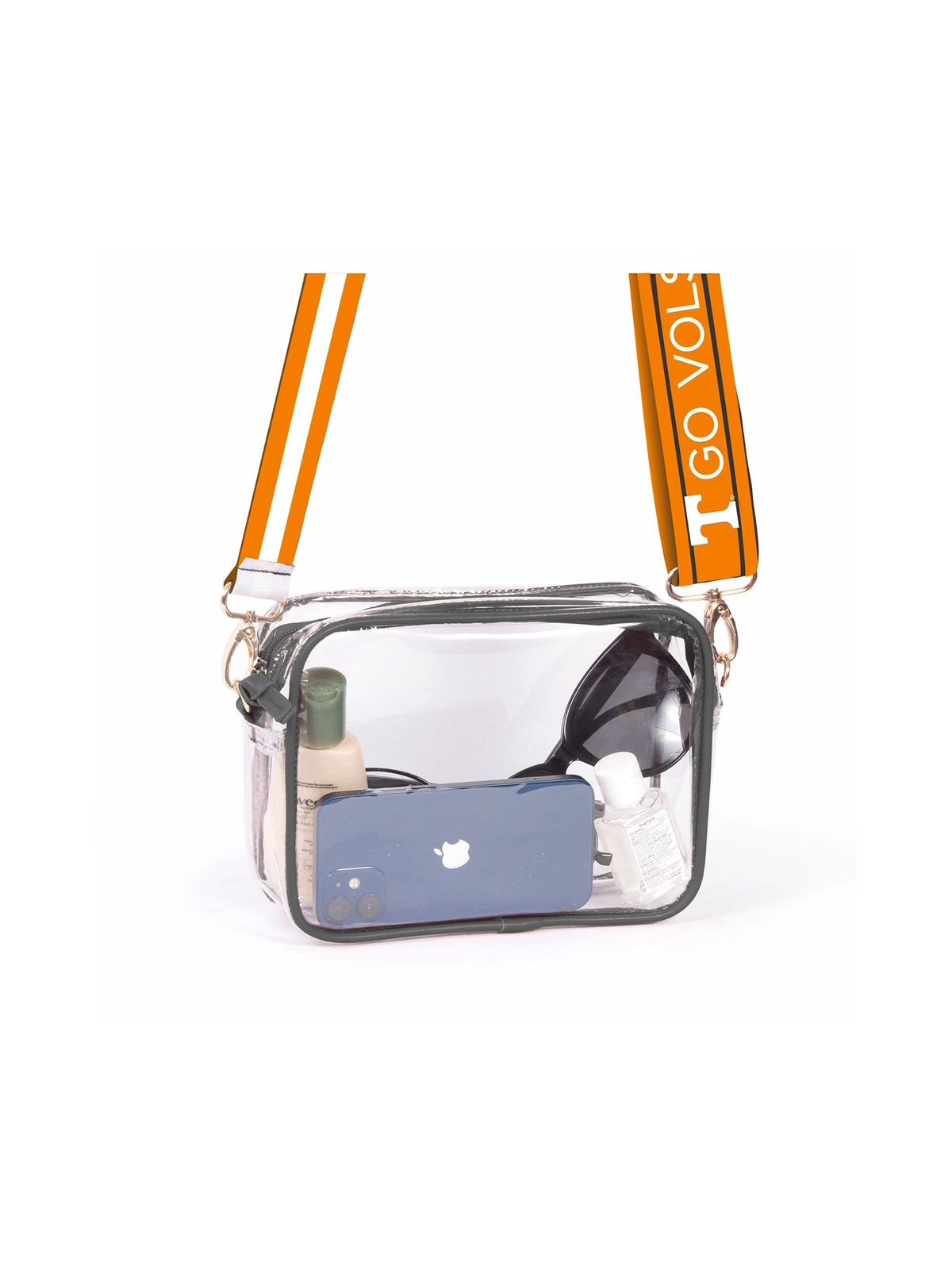 bridget clear crossbody bag with reversible patterned tennessee vols bag strap. stadium approved.