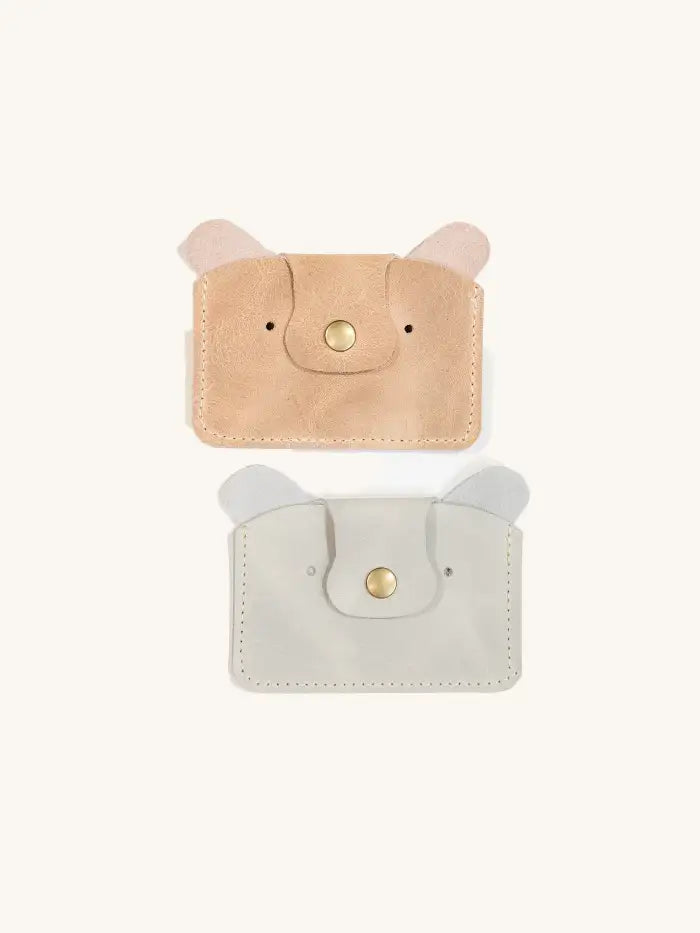 Designed For Joy Teddy Snap Card Wallet Tan Gray Leather