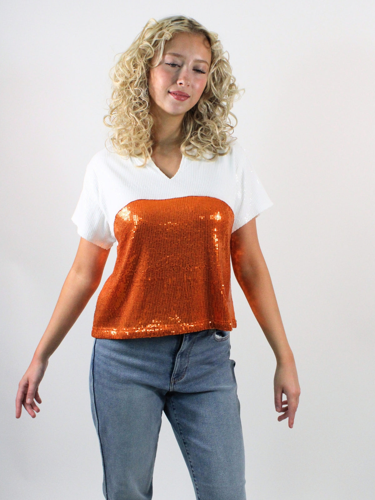 Diane Colorblock Sequin Top Orange White