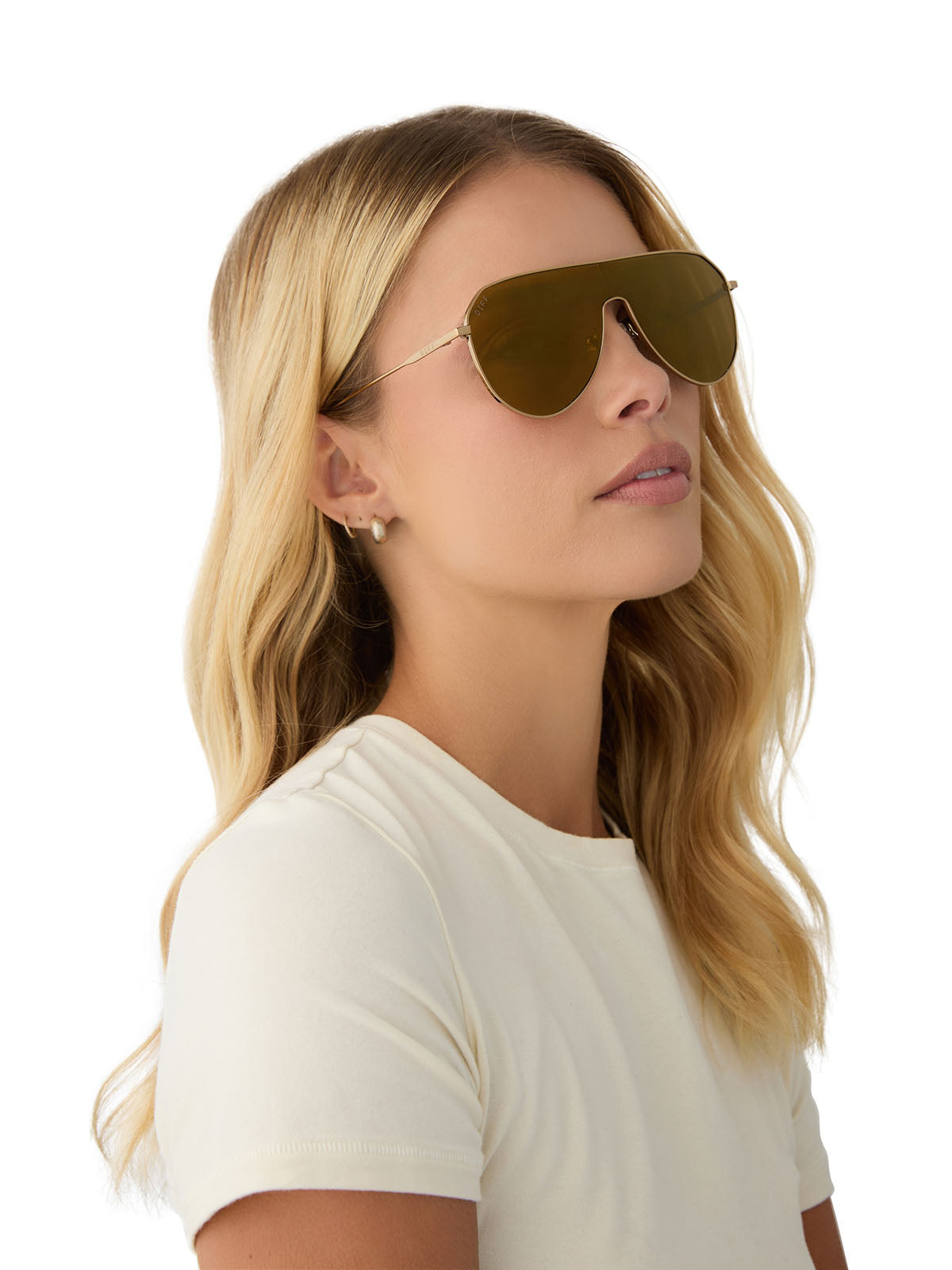 DIFF Eyewear Dash Shield Sunglasses in Copper Metal Brown Gold Flash