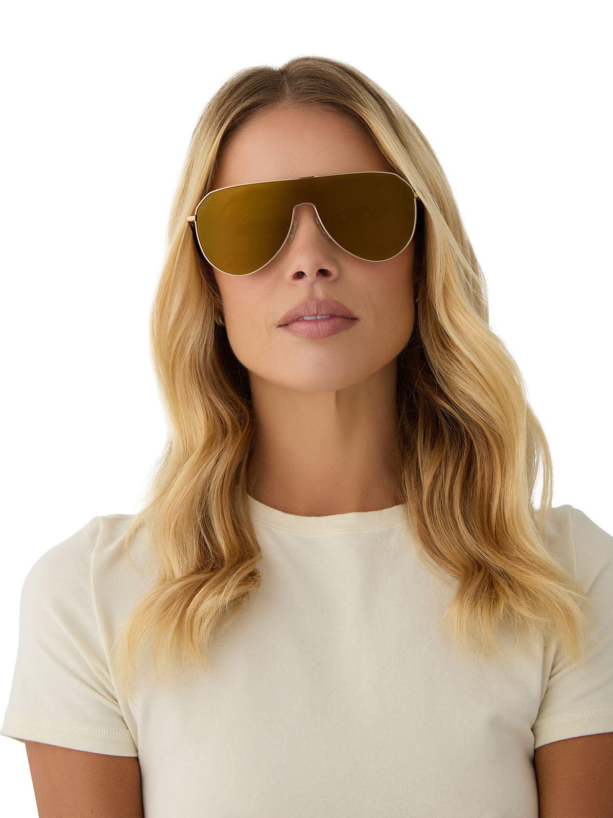 DIFF Eyewear Dash Shield Sunglasses in Copper Metal Brown Gold Flash
