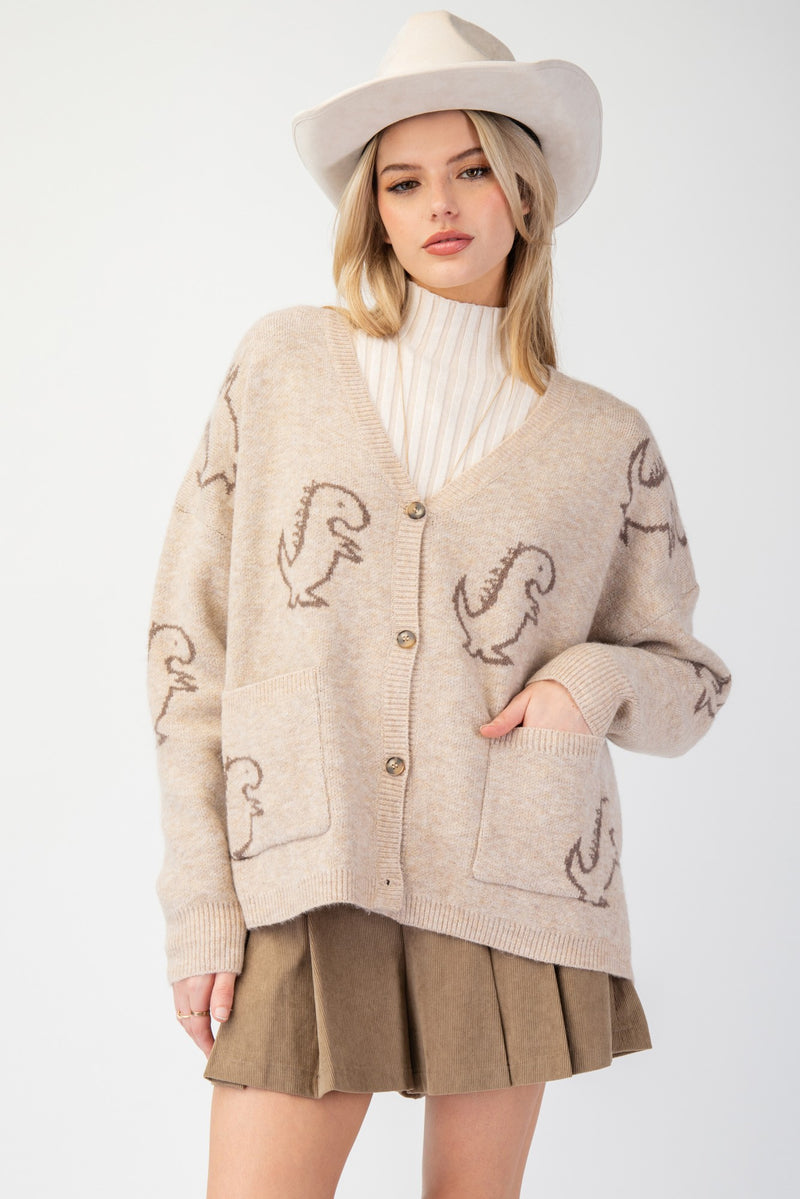 Dinosaur Pattern Cardigan in khaki-front