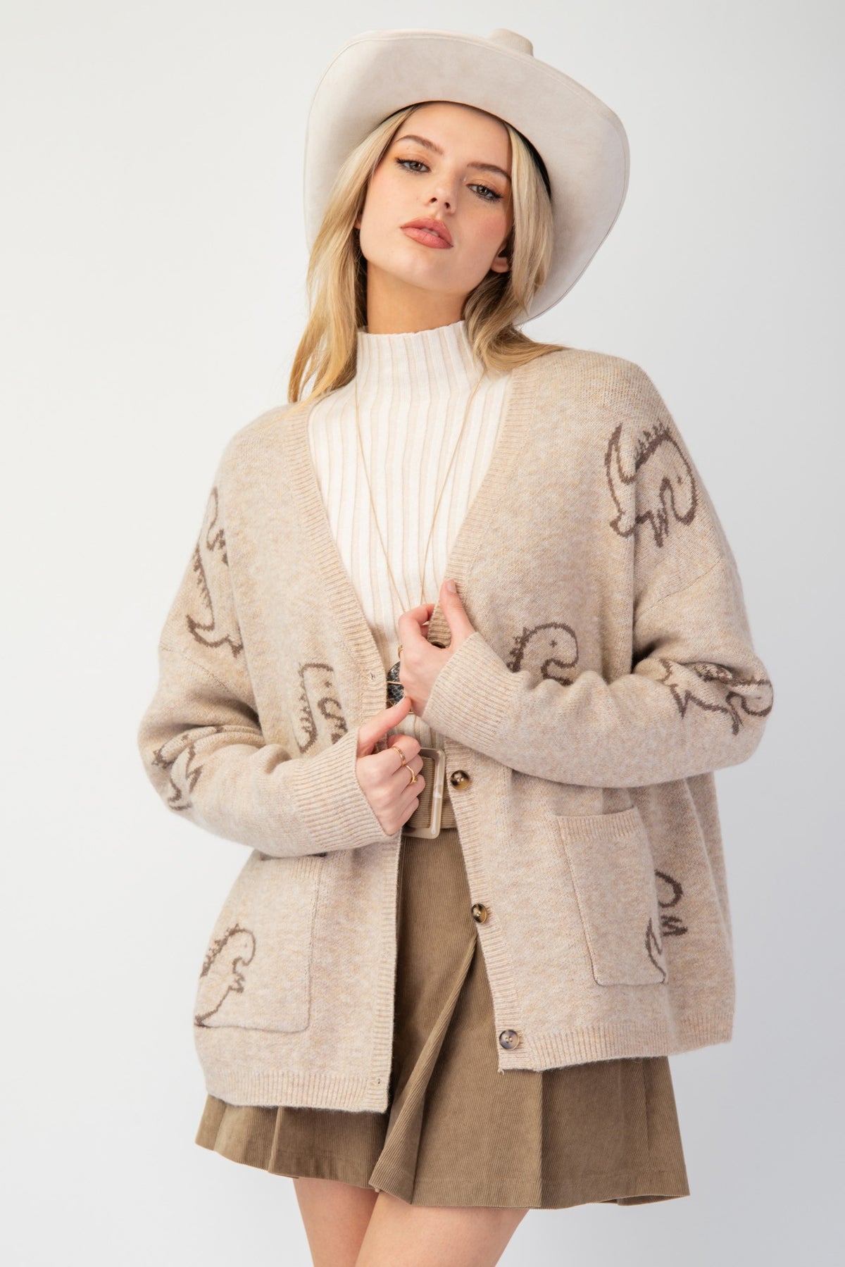 Dinosaur Pattern Cardigan in khaki-front