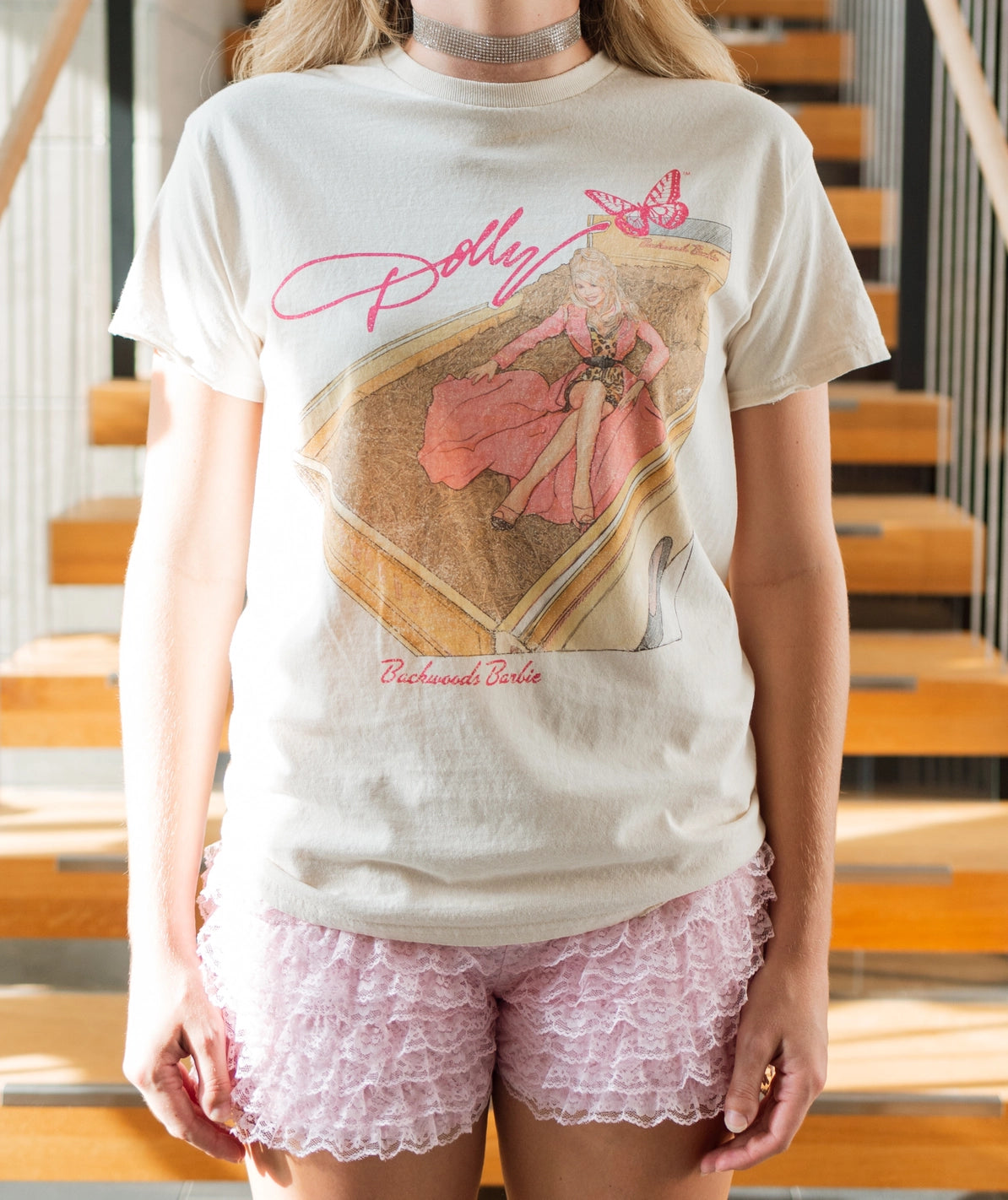 dolly parton backwoods barbie graphic t-shirt in white