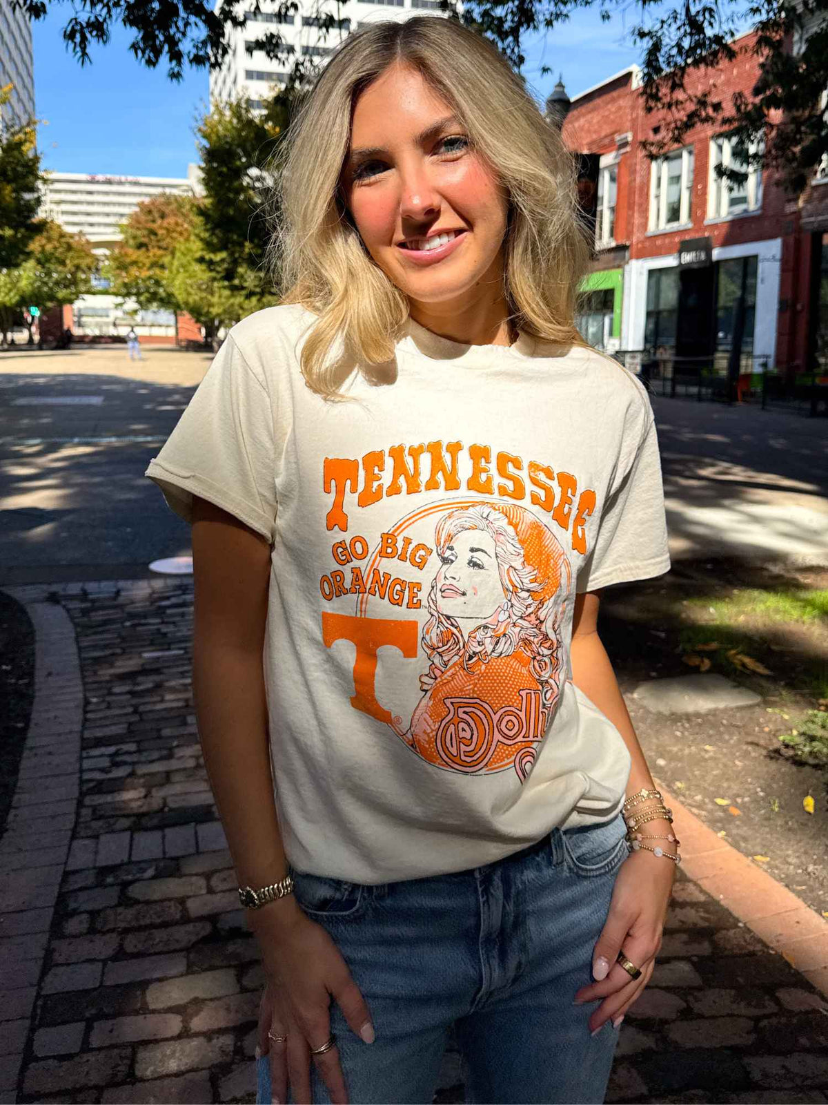 LivyLu Dolly Parton Go Big Orange Scarf Tee Off White