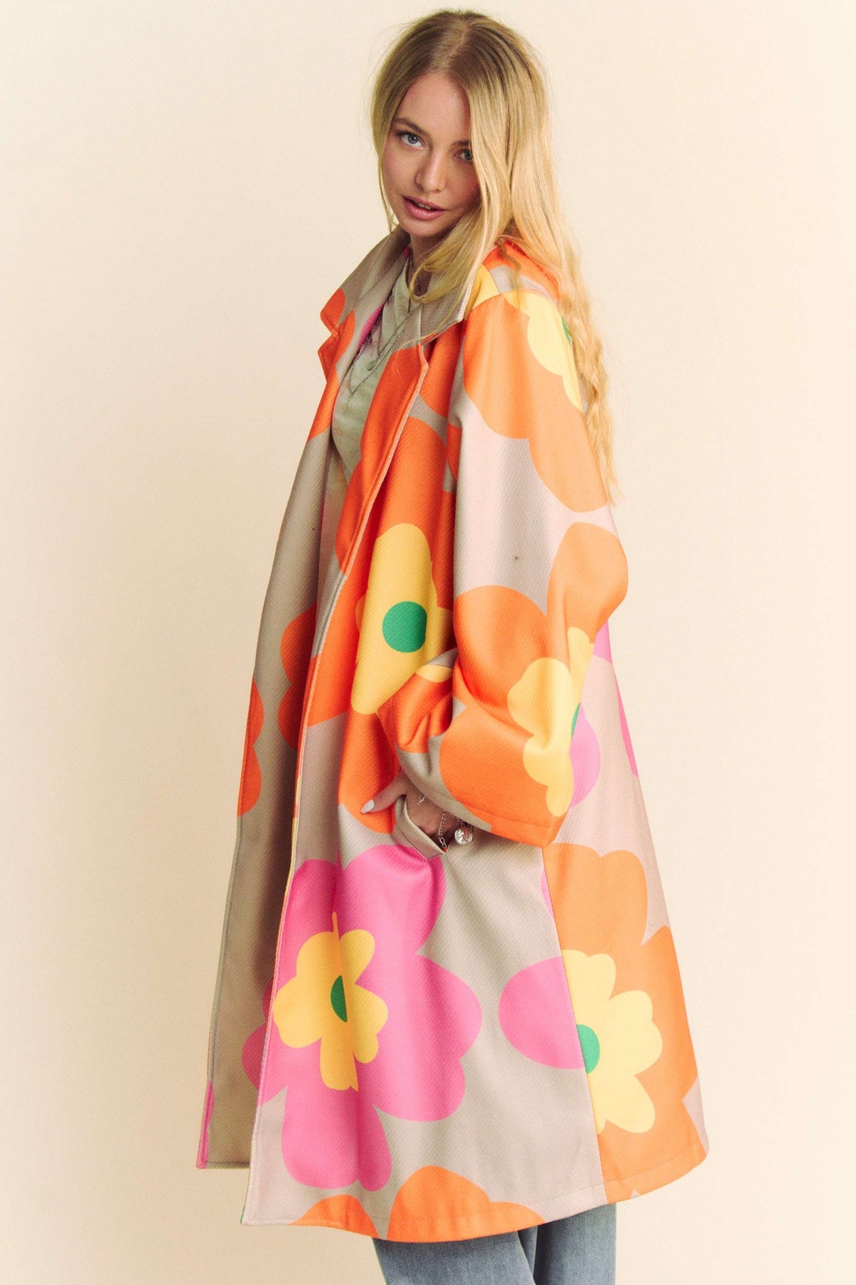 Retro Floral Bold Long Overcoat in Pink Orange