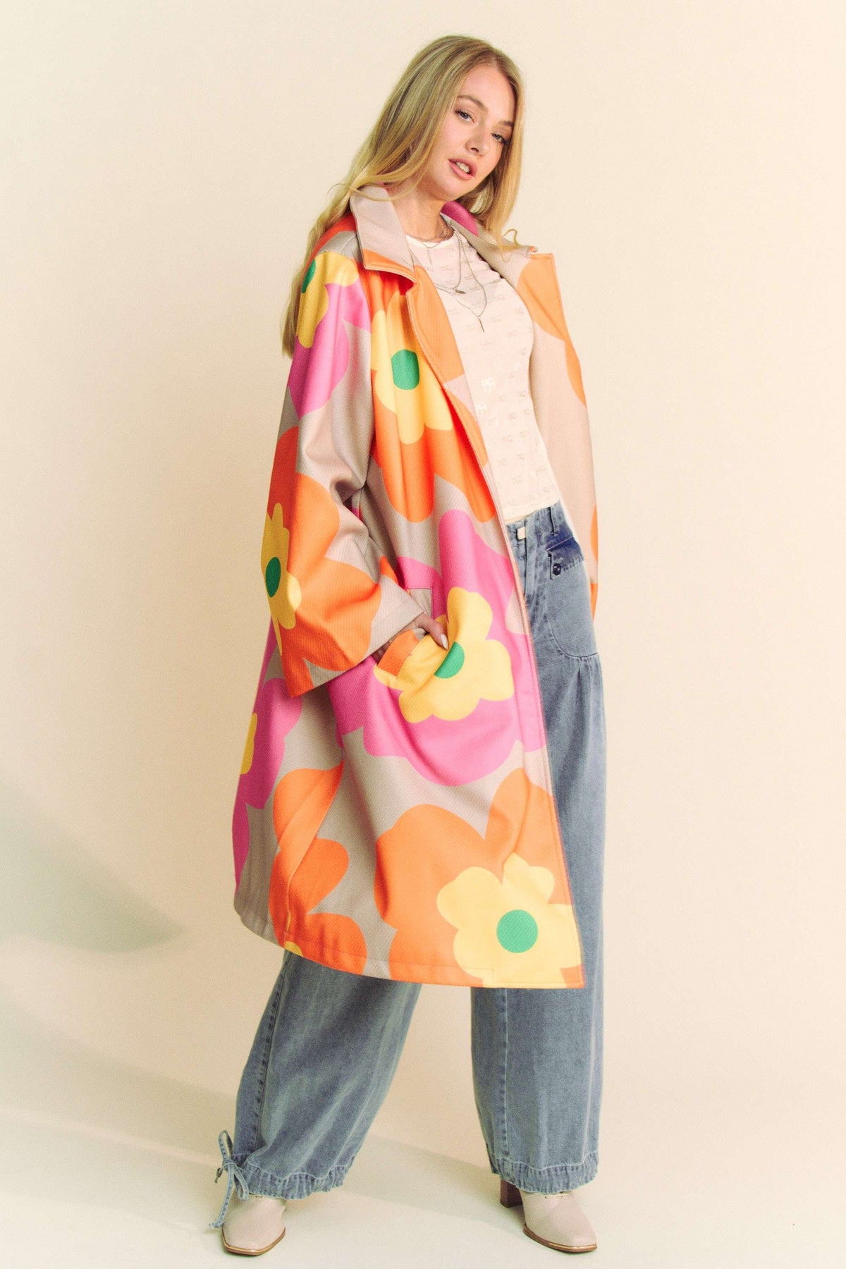 Retro Floral Bold Long Overcoat in Pink Orange