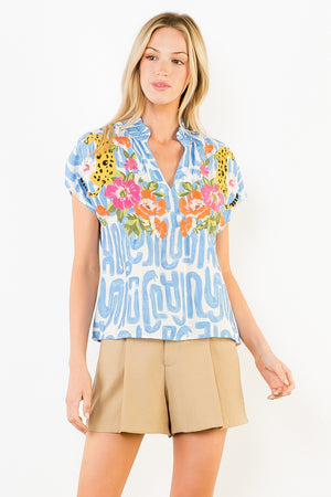 Floral Cheetah Embroidered Top