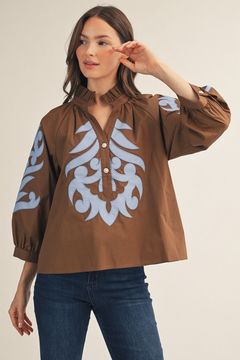 Baroque Applique Ruffle Neck Top
