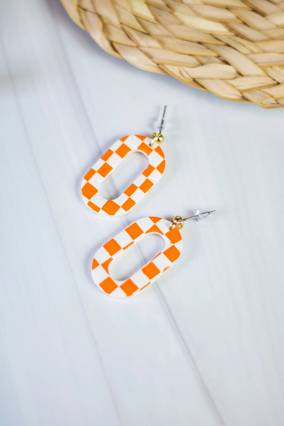 EJ Clay Co Orange & White Tennessee Check Oval Dangle Earrings Vols Game Day