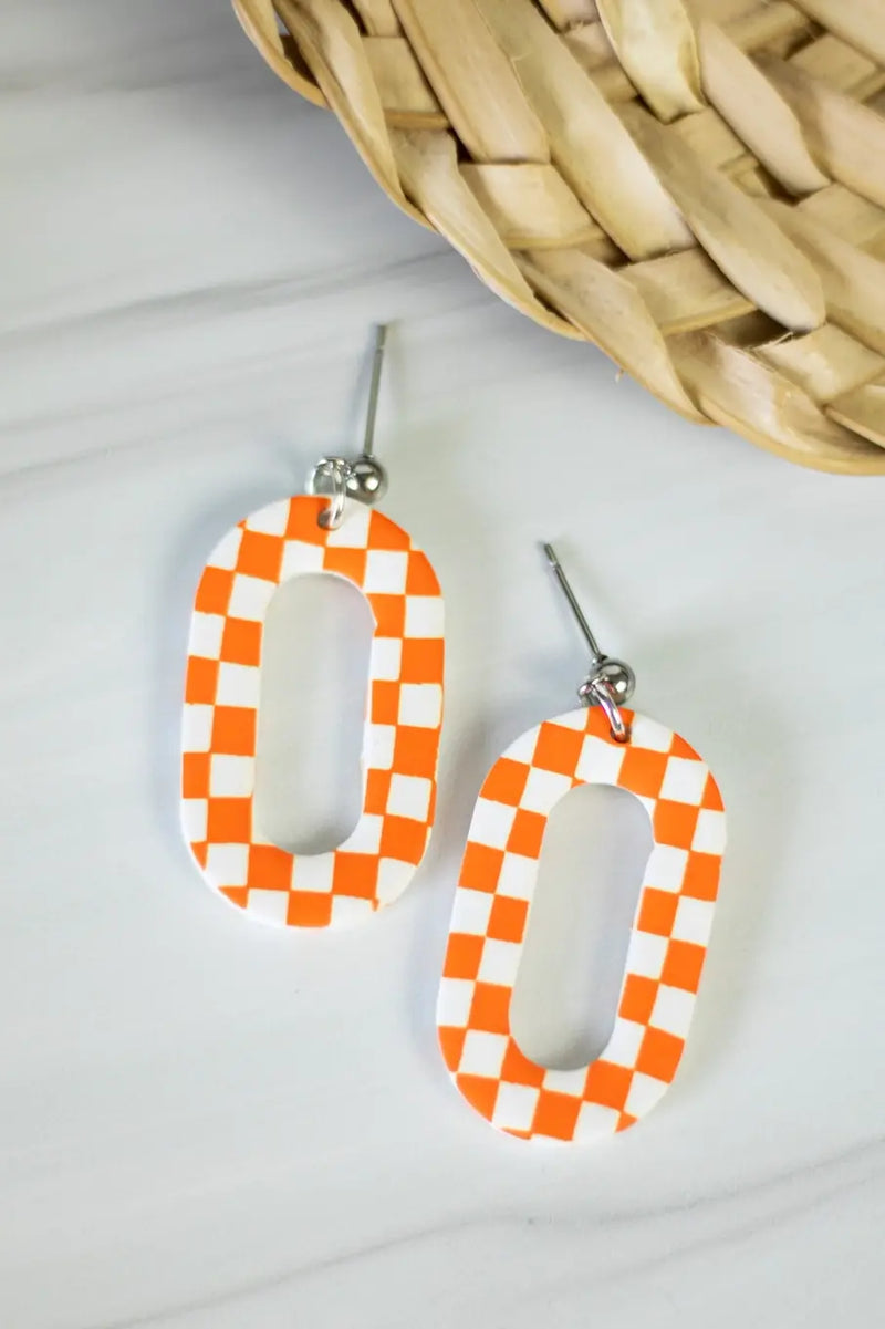 EJ Clay Co Orange & White Tennessee Check Oval Dangle Earrings Vols Game Day