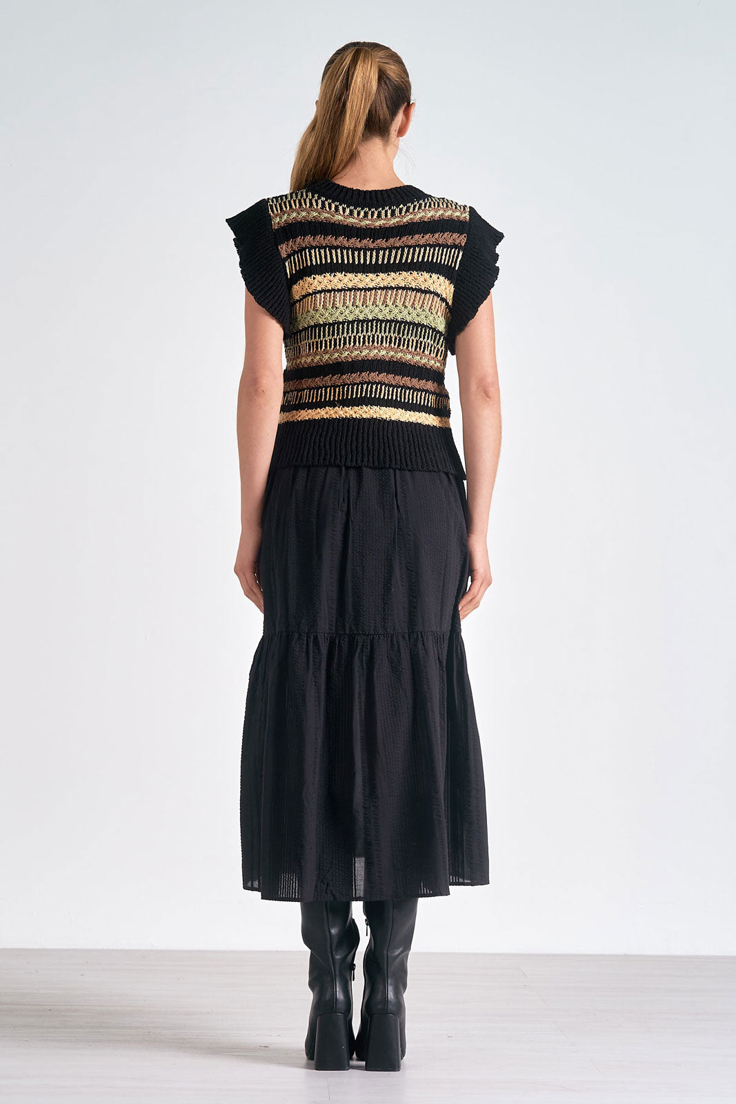 elan crewneck knit midi dress in black black combo-back