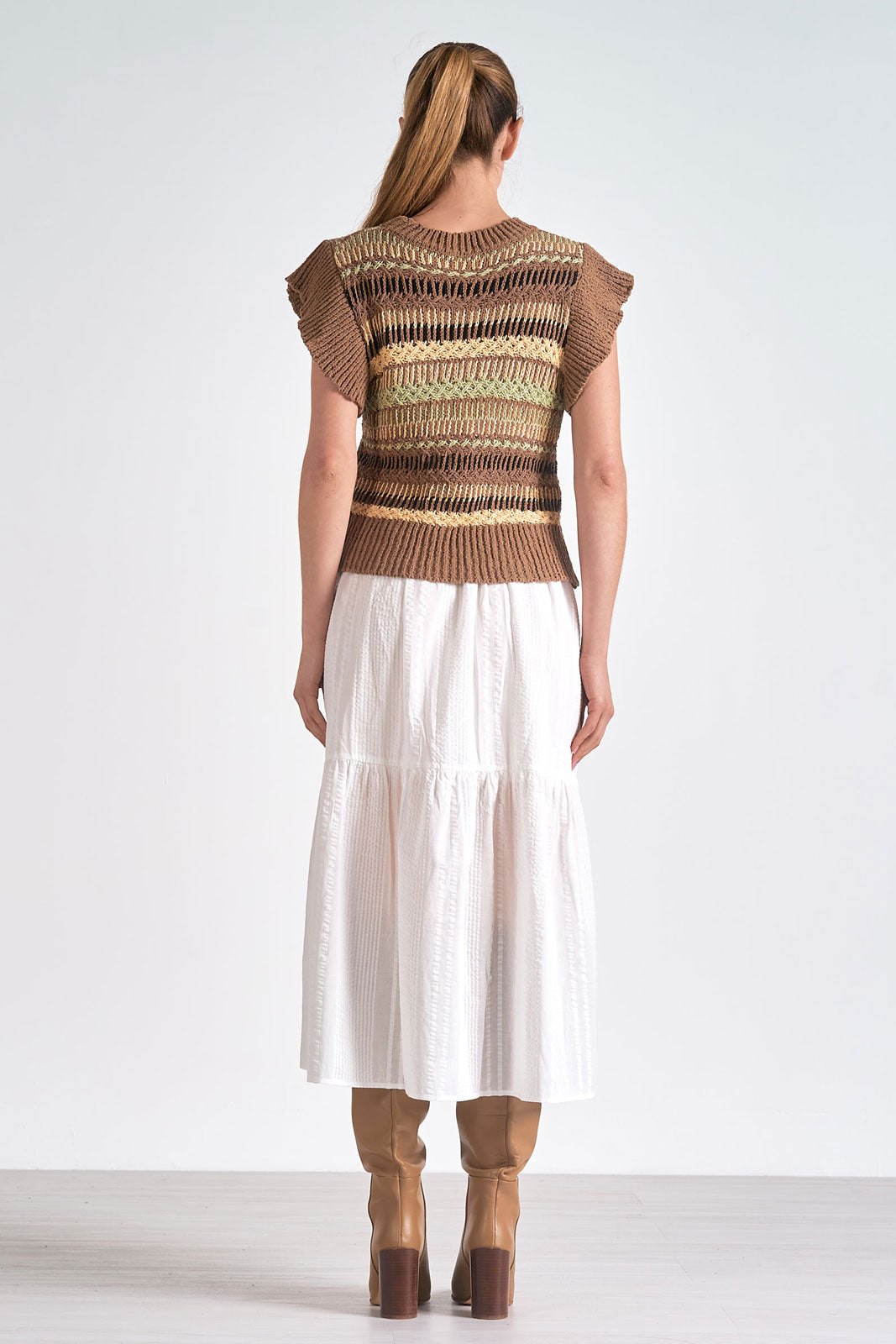 elan crewneck knit midi dress in brown white combo-back