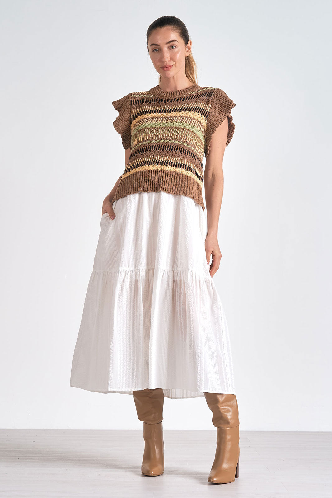 elan crewneck knit midi dress in brown white combo-front