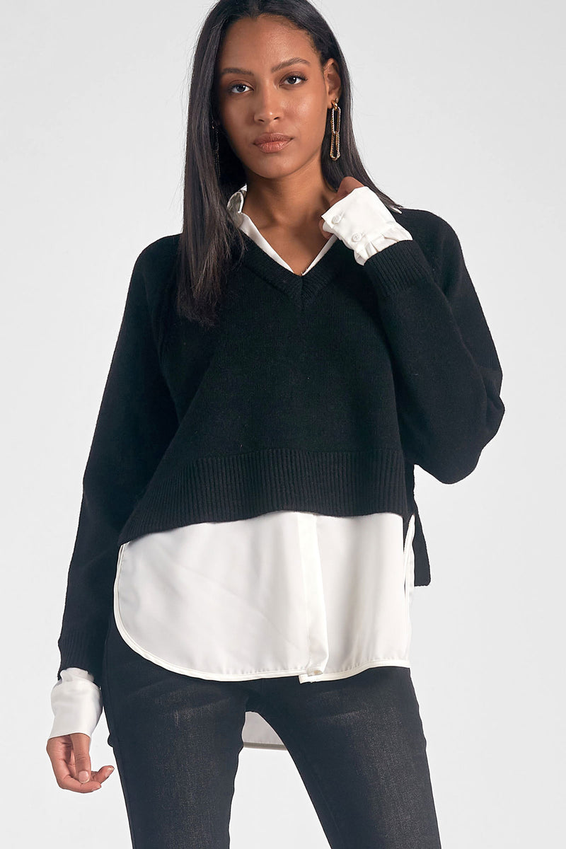 elan combo shirt sweater in black and white-front