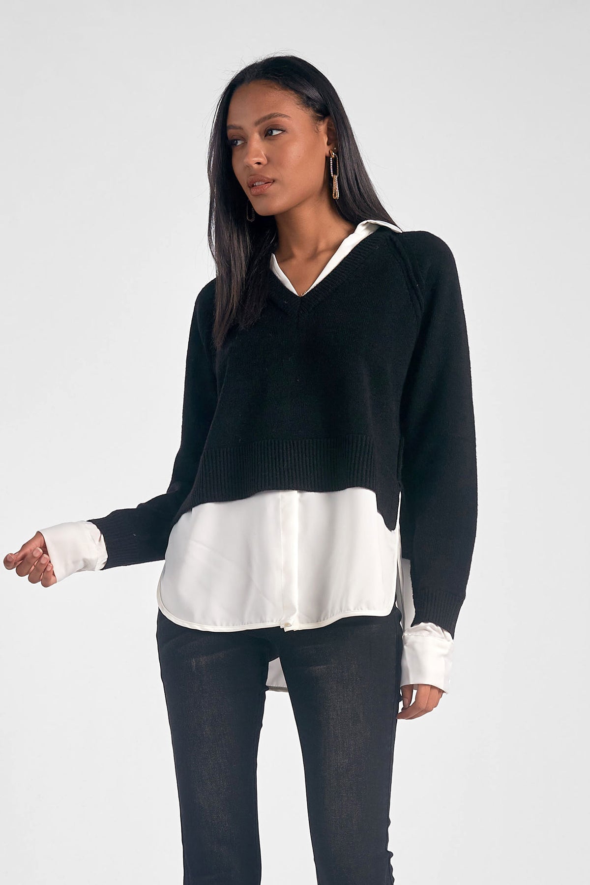 elan combo shirt sweater in black and white-front