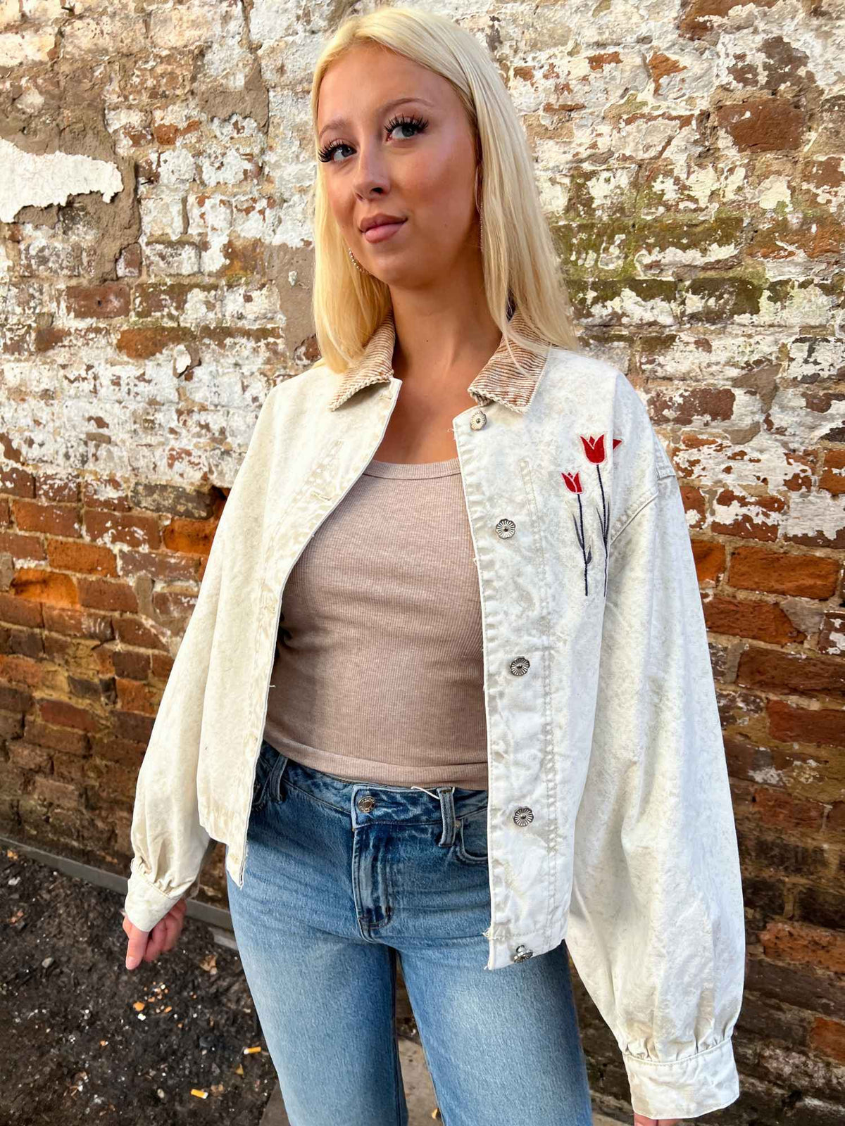 Floral Story Embroidered Jacket Stone Camel