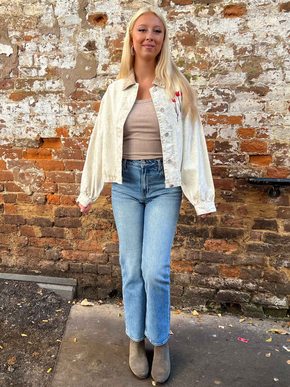 Floral Story Embroidered Jacket Stone Camel