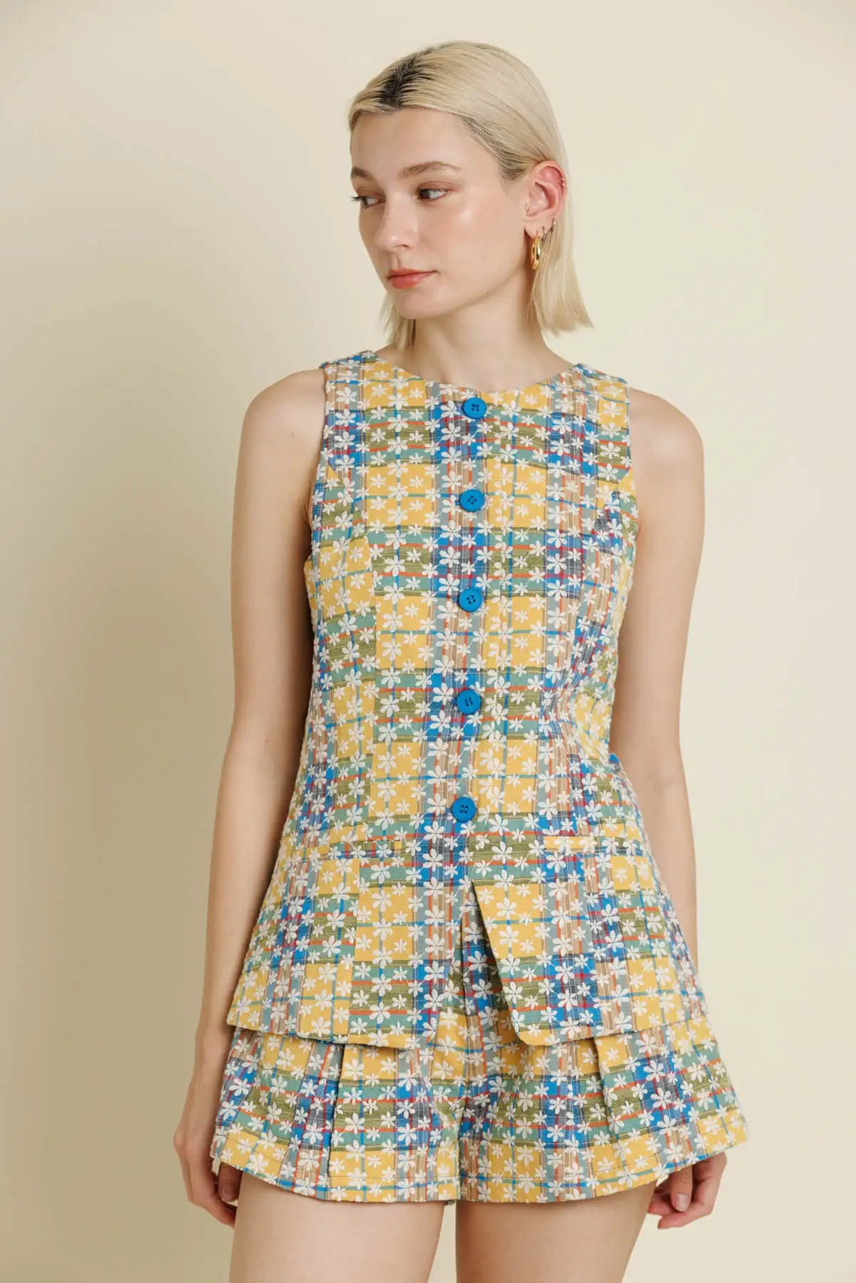 Yellow & Blue Multicolor Embroidered Eyelet Vest & Matching Shorts Set