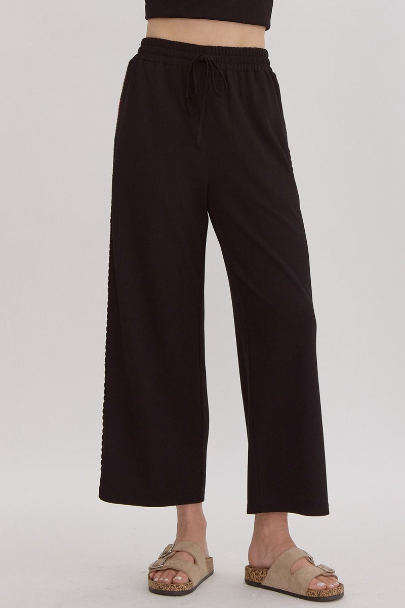 Embroidered Sides Wide Leg Pants in black-front