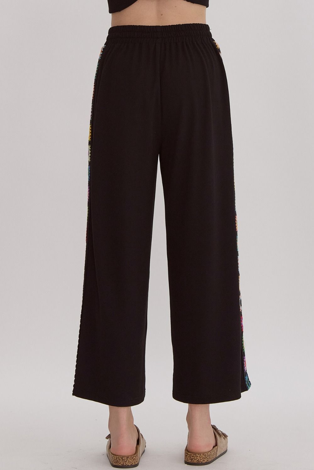 Embroidered Sides Wide Leg Pants in black-back