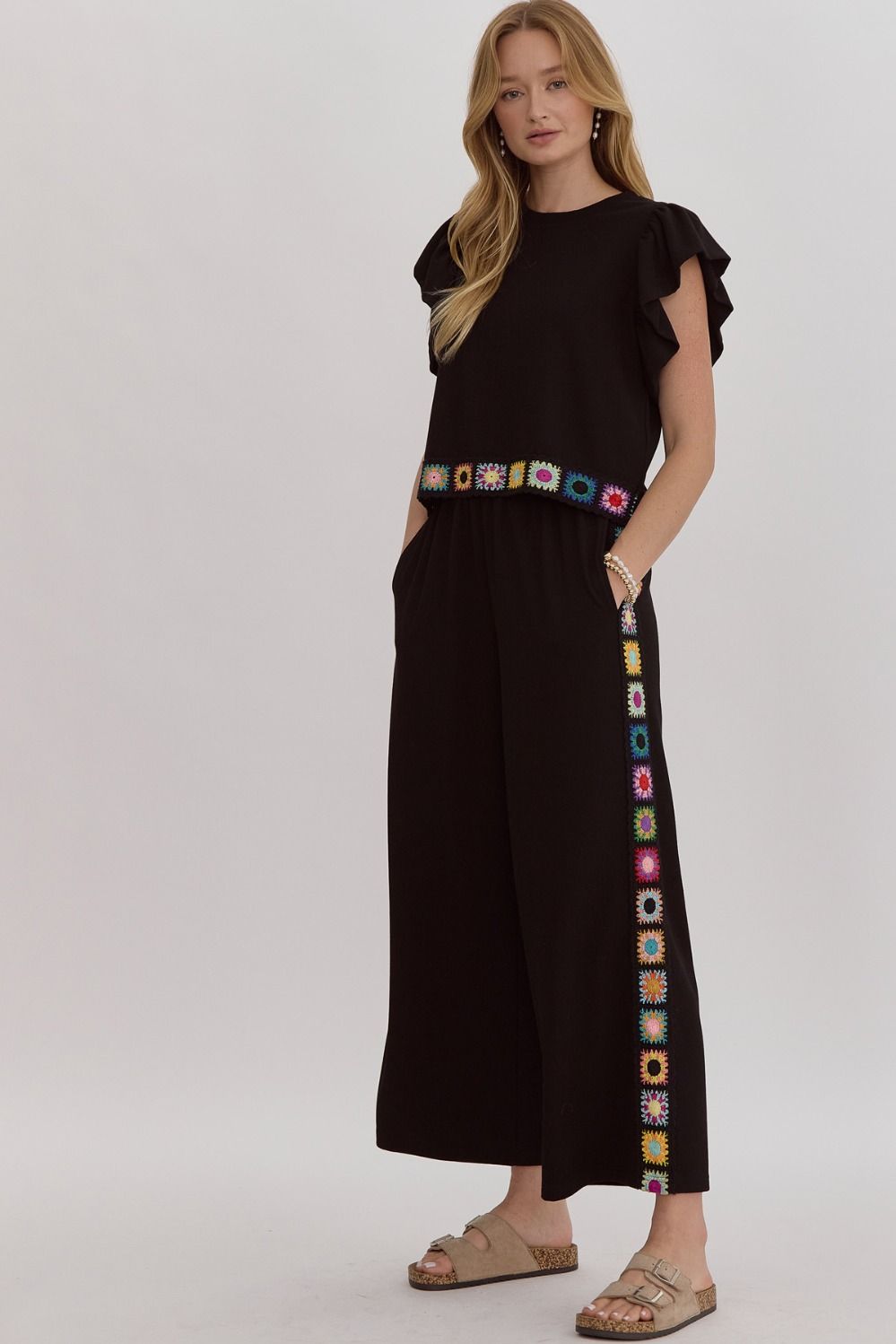 Embroidered Sides Wide Leg Pants in black-front