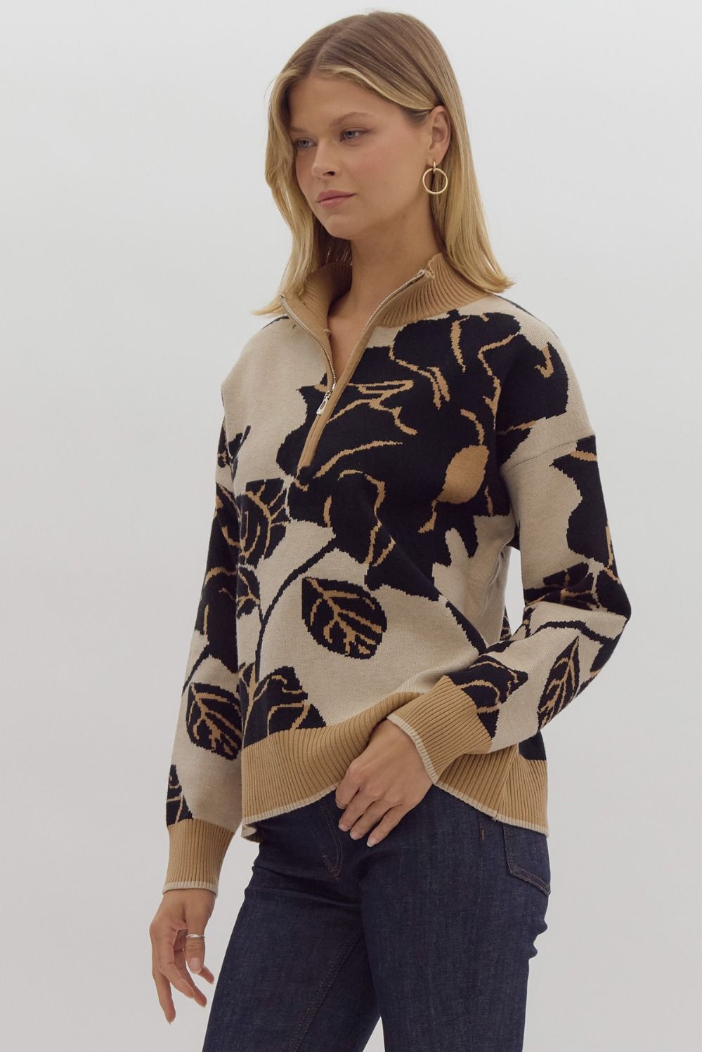 floral print half-zip sweater in black