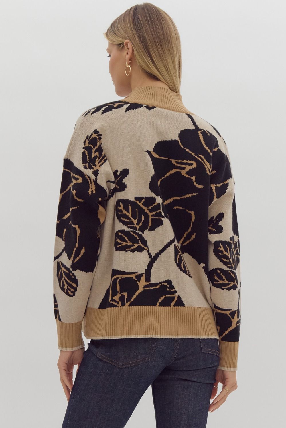 floral print half-zip sweater in black