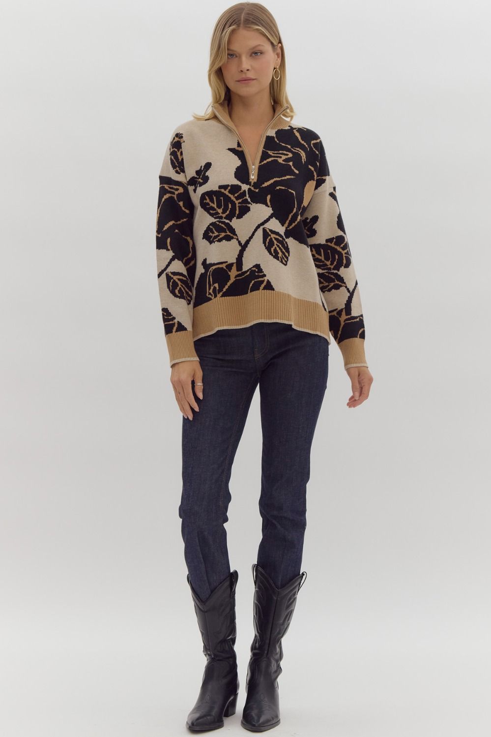 floral print half-zip sweater in black