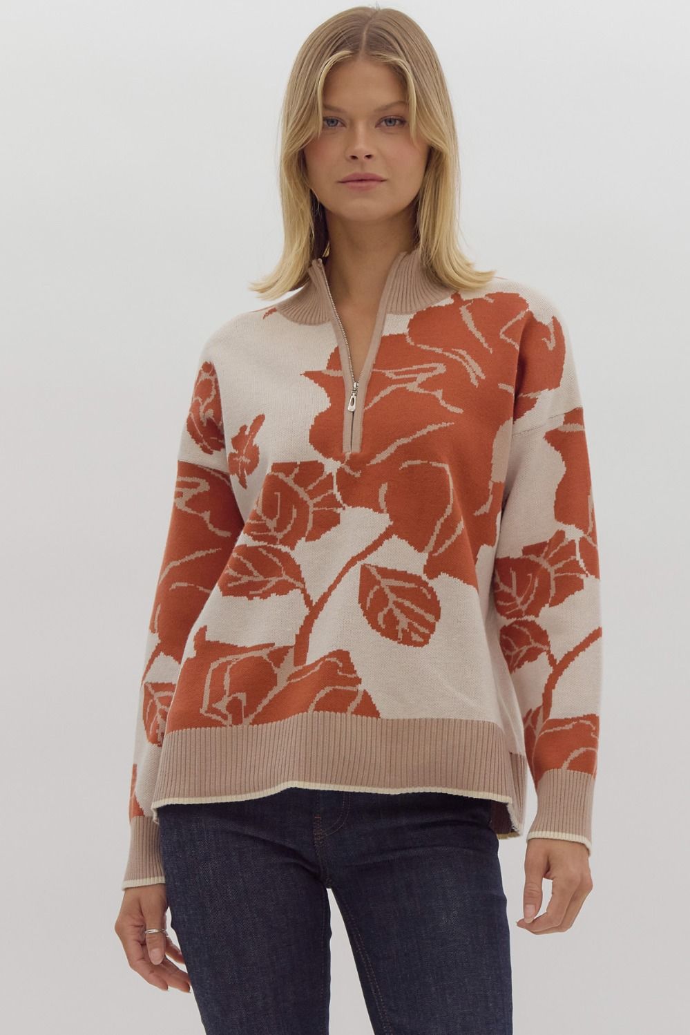 floral print half-zip sweater in rust