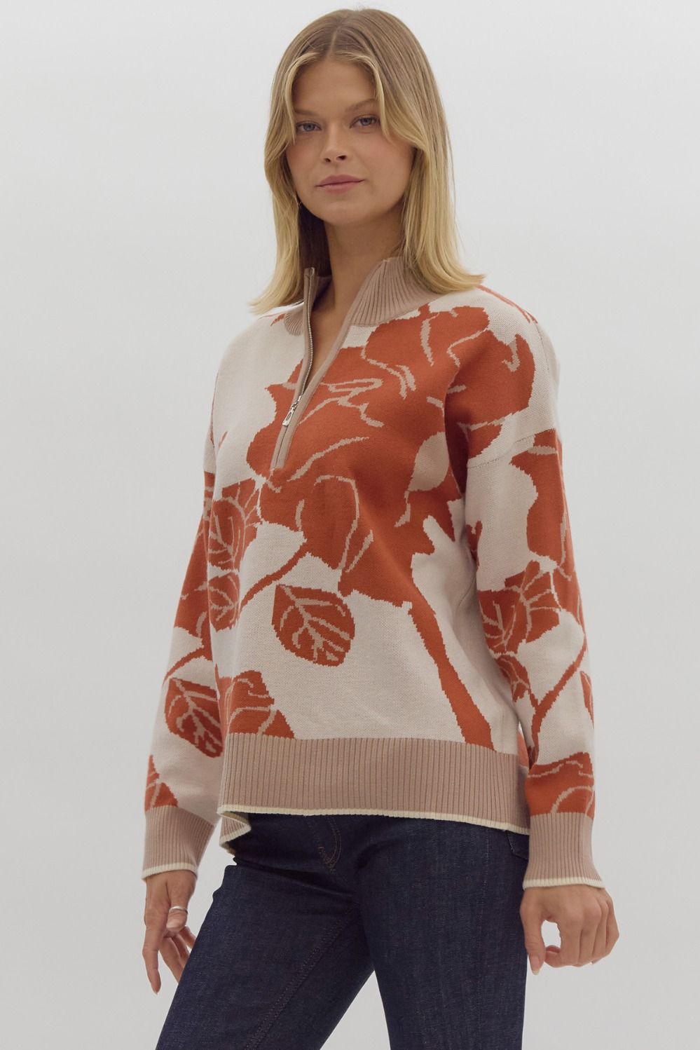 floral print half-zip sweater in rust