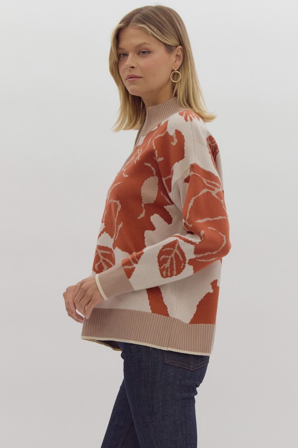 floral print half-zip sweater in rust