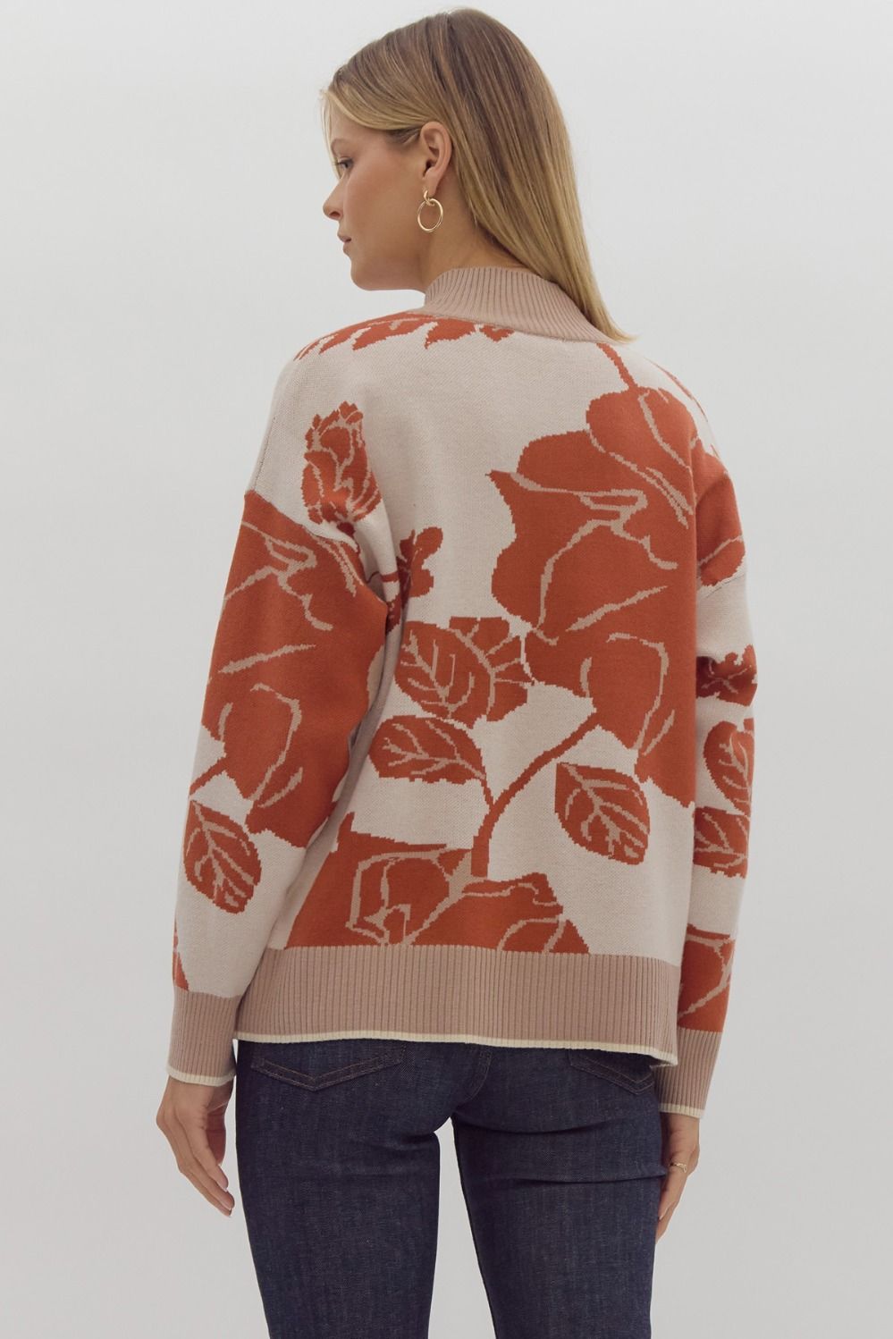 floral print half-zip sweater in rust