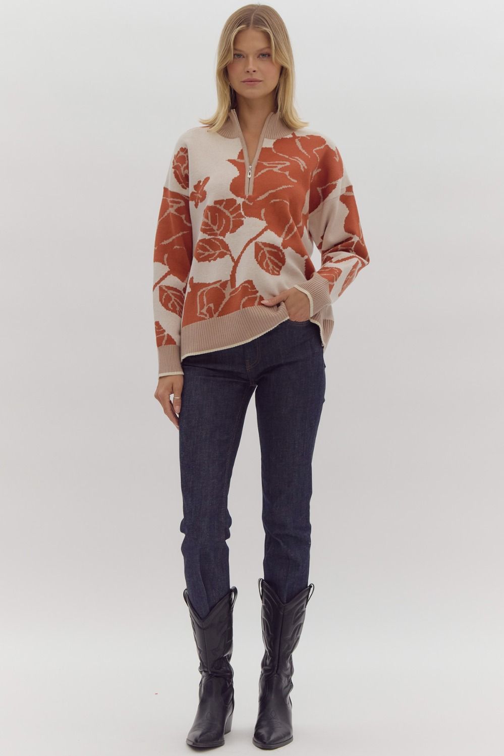 floral print half-zip sweater in rust