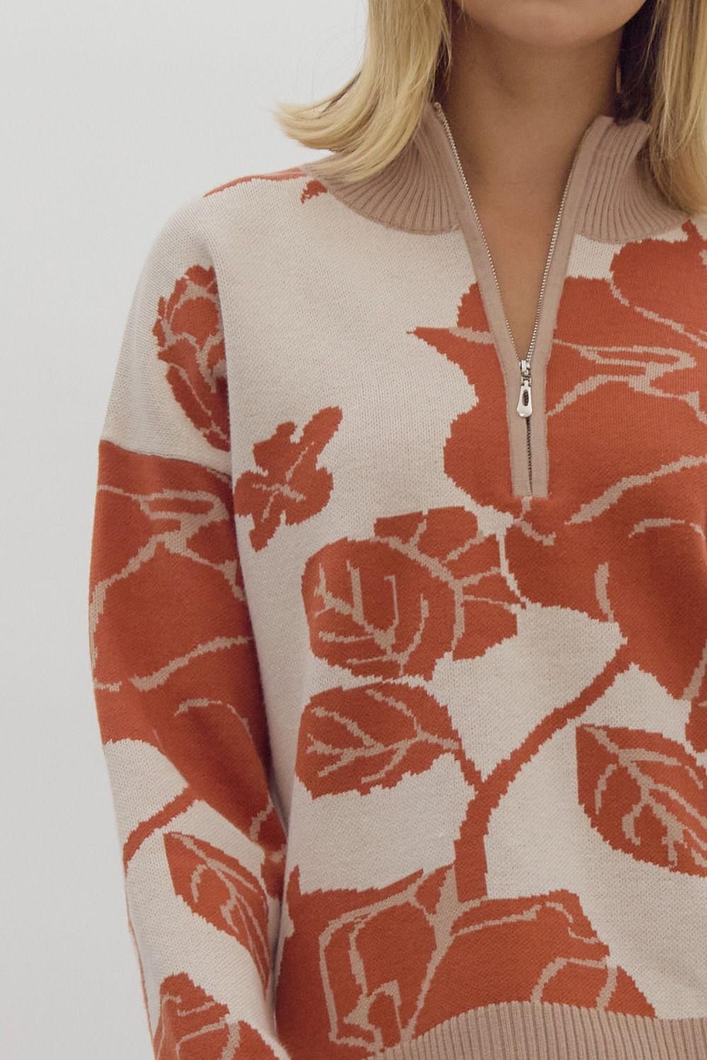 floral print half-zip sweater in rust