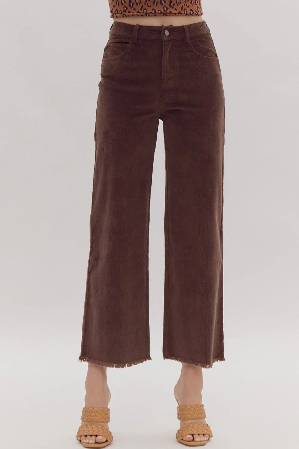 Fray Hem Wide Corduroy Pants coffee-front