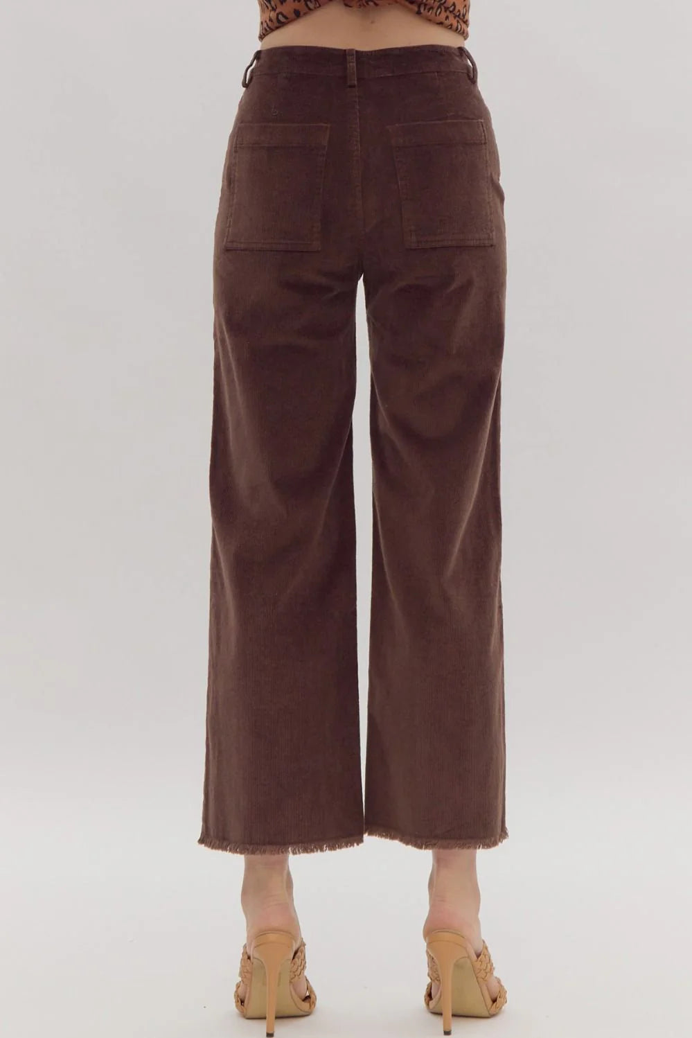 Fray Hem Wide Corduroy Pants coffee-back