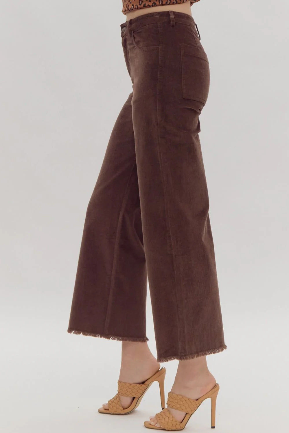 Fray Hem Wide Corduroy Pants coffee-side