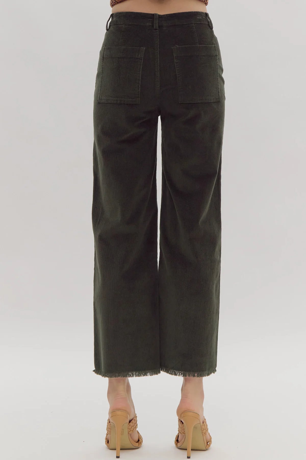 Fray Hem Wide Corduroy Pants olive-back