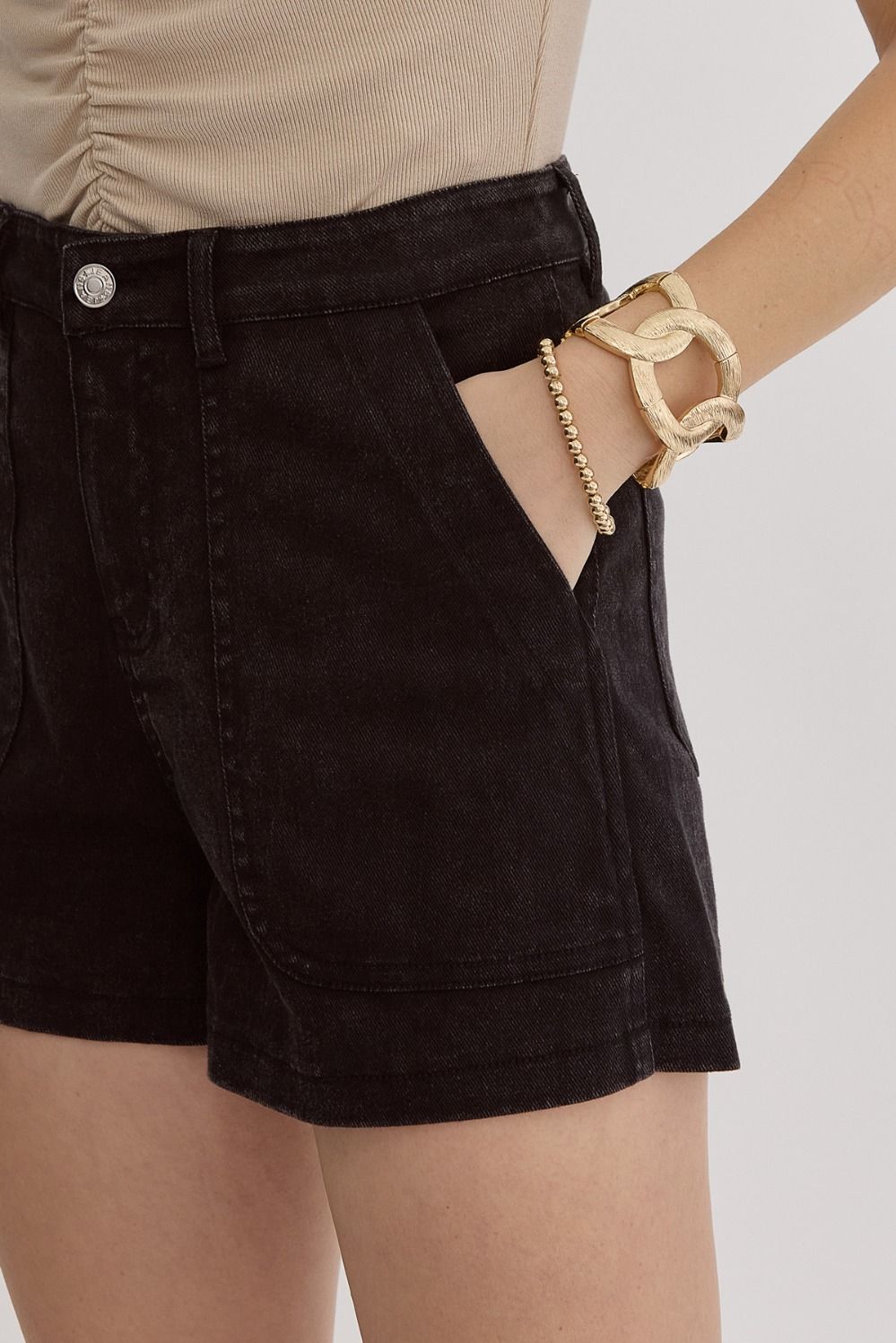 entro high waist denim utility shorts in black