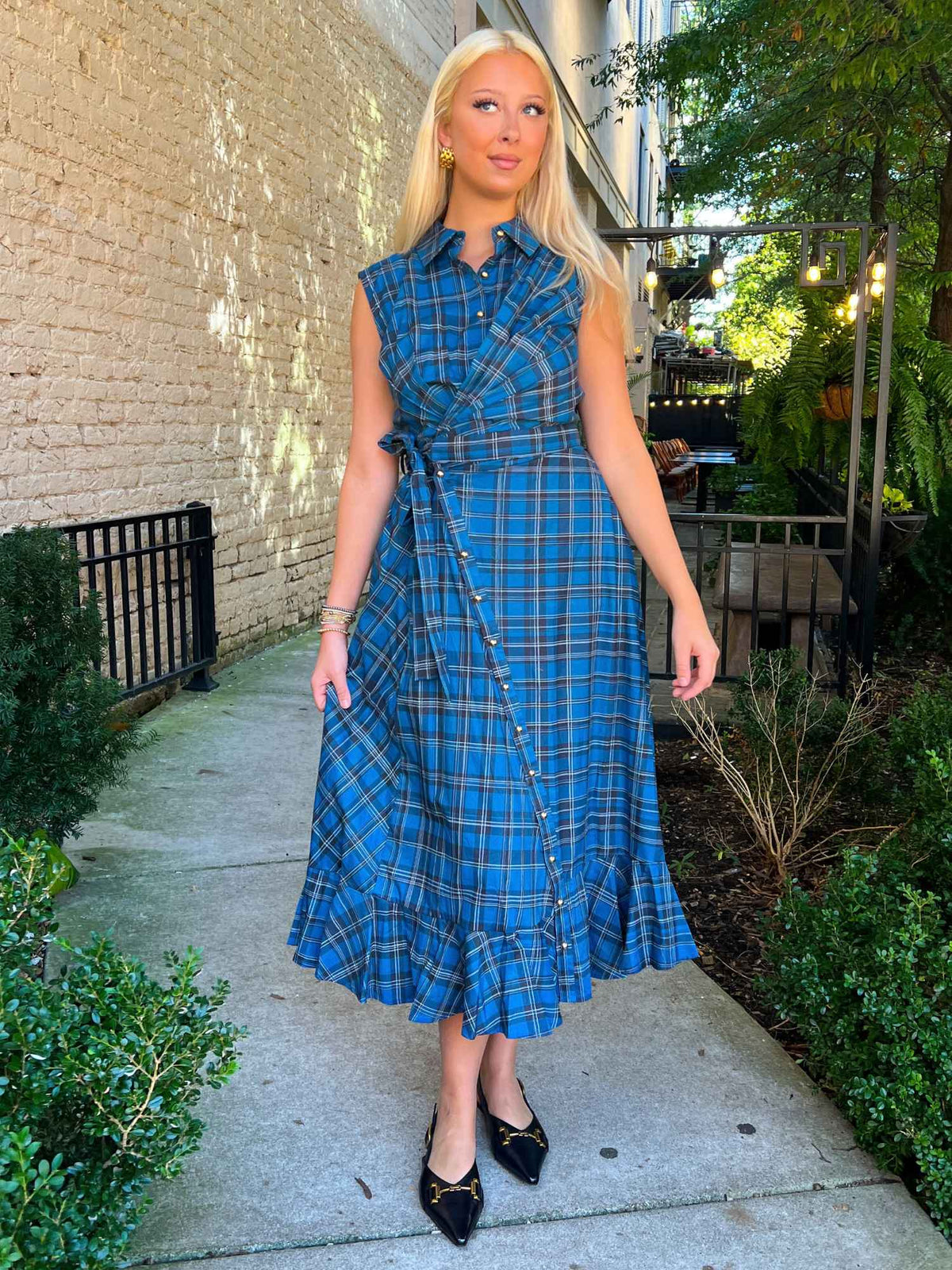 October Plaid Tie-Waist Midi Dress