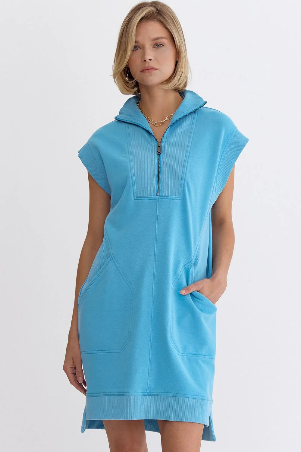 Solid Mock Sleeve Zip Mini Dress