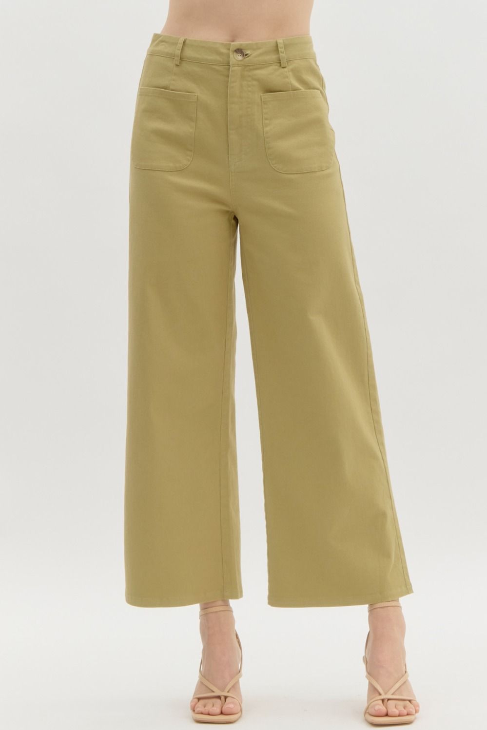 Solid high waisted Wide Leg Ankle Pants in light olive